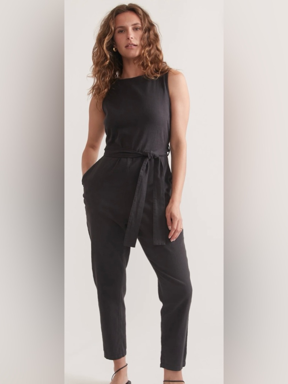 Marine Layer Eloise Belted Black Sleeveless Cut Out Back Jumpsuit